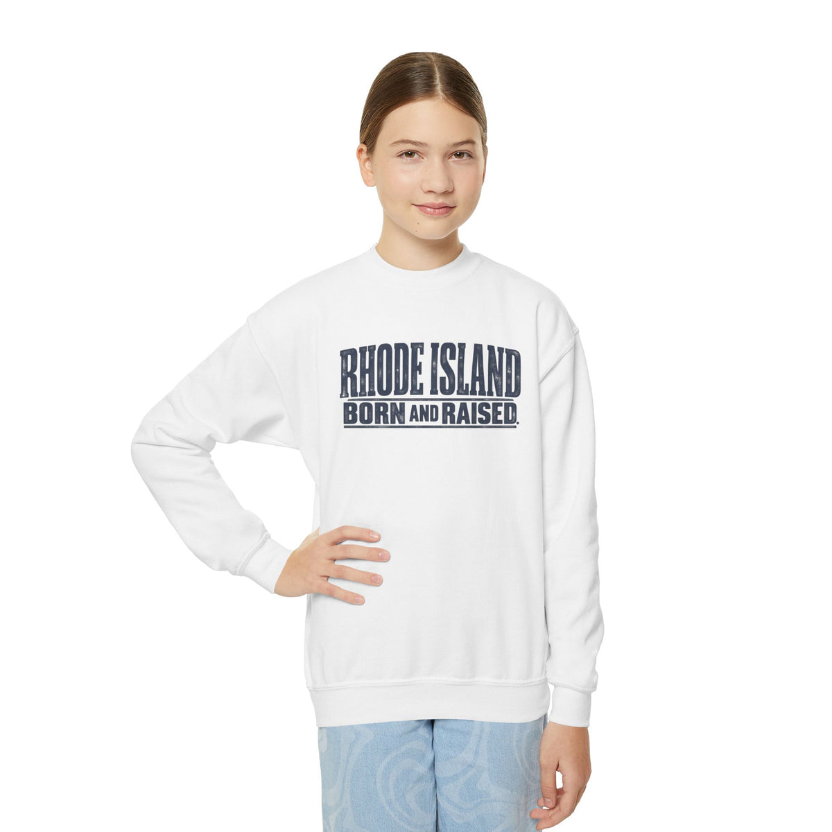 Rhode Island Born and Raised Minimal New England Heritage Unisex Youth Crewneck Sweatshirt Graphic