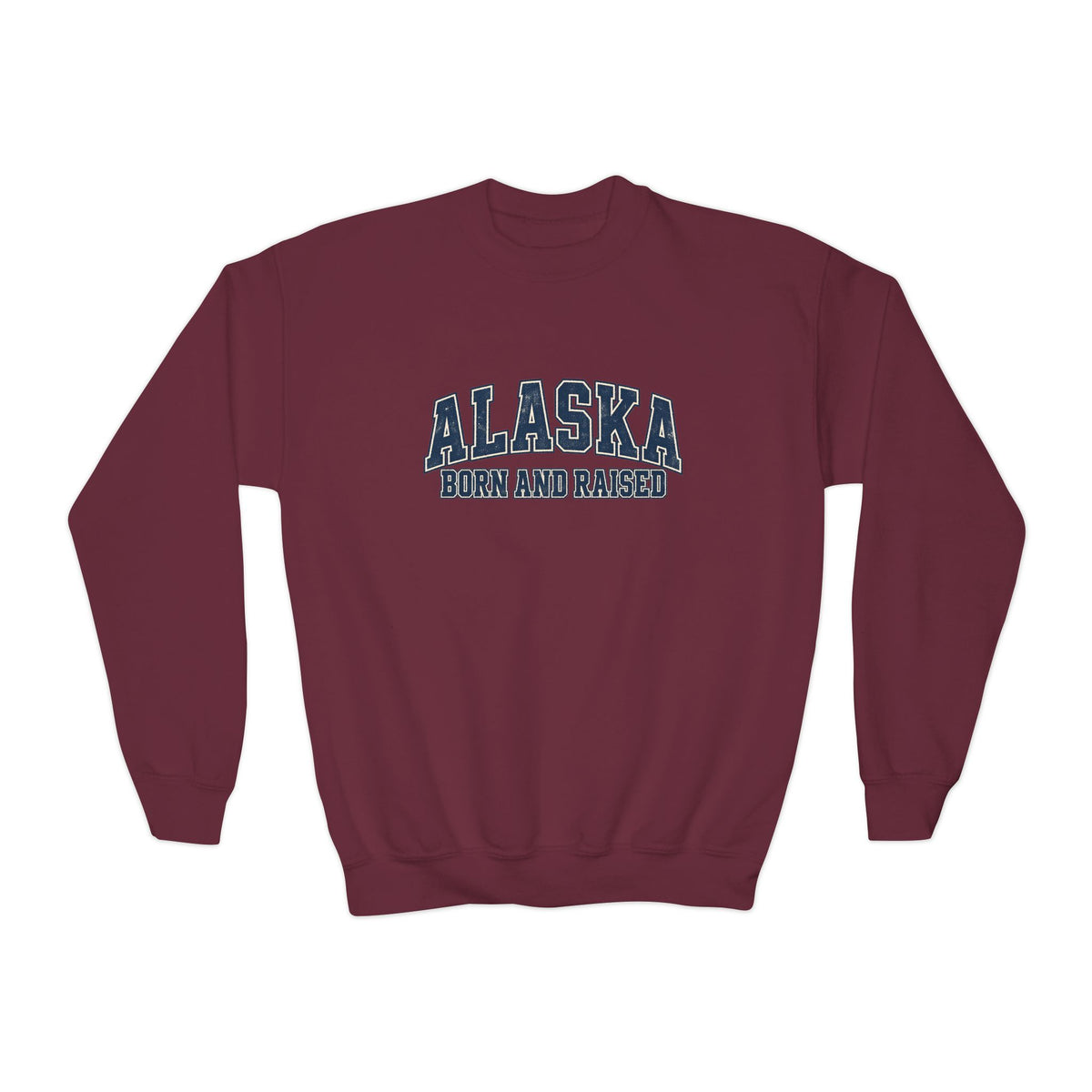 Alaska Born and Raised Classic Collegiate Unisex Youth Crewneck Sweatshirt Graphic