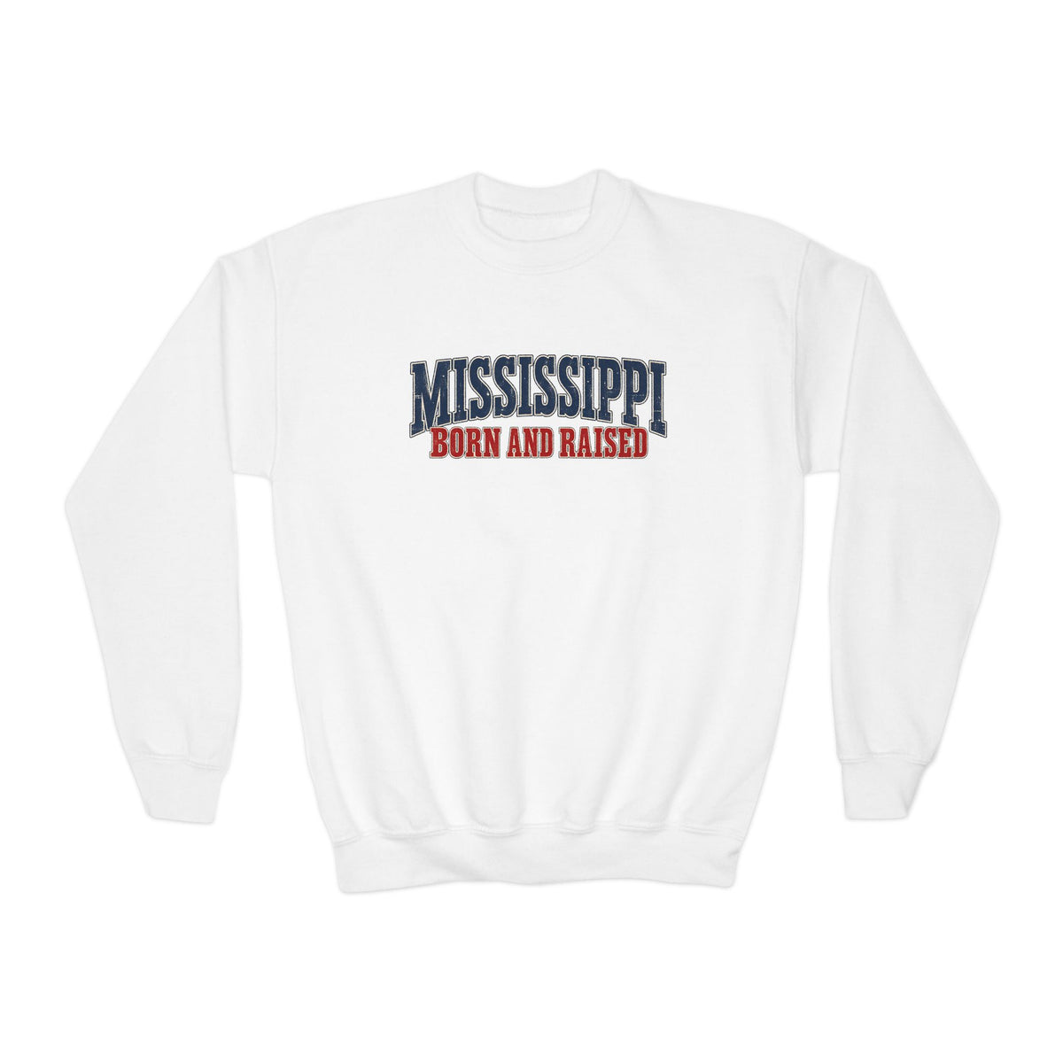 Mississippi Born and Raised Vintage Americana Unisex Youth Crewneck Sweatshirt Graphic