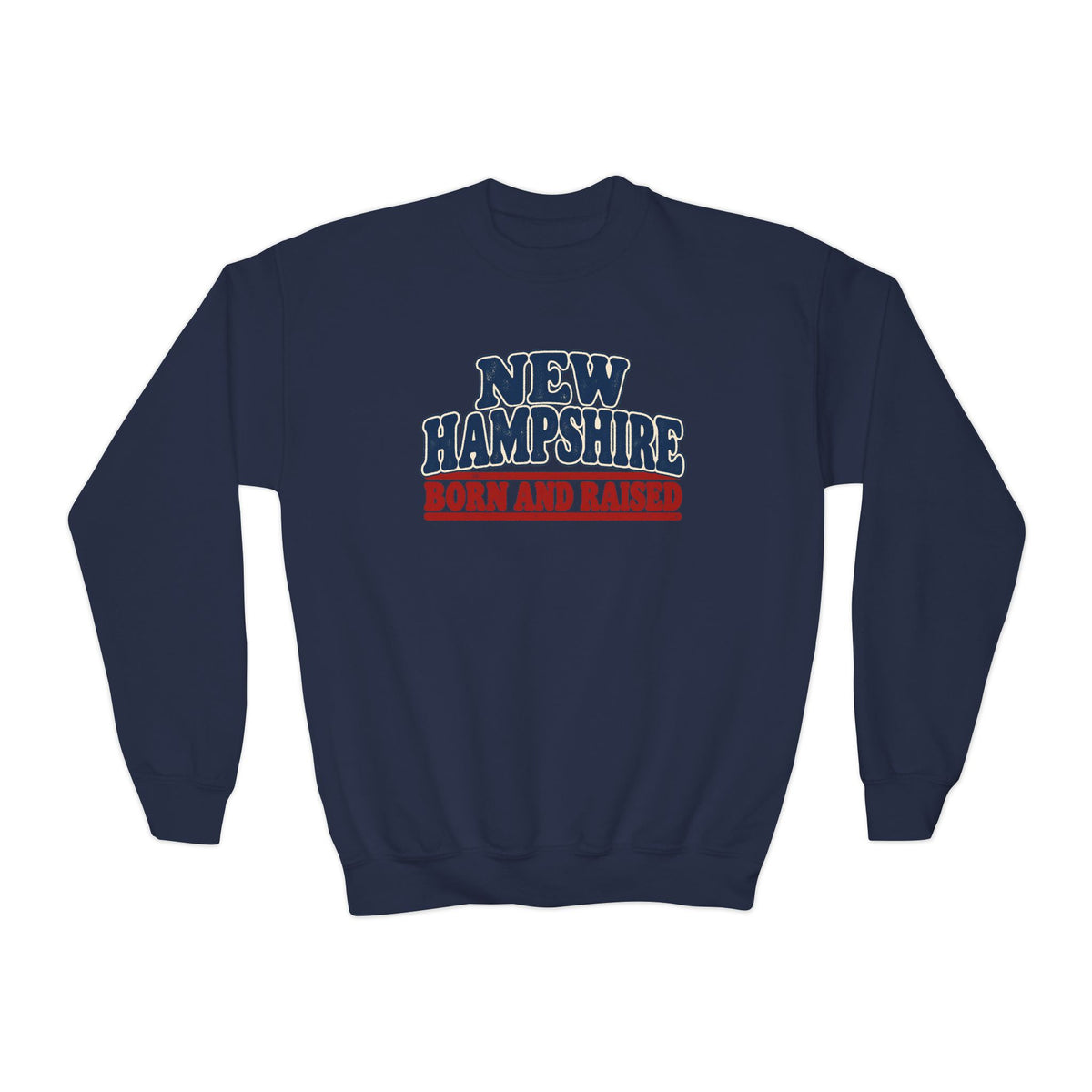 New Hampshire Born and Raised Retro 1970s New England Unisex Youth Crewneck Sweatshirt Graphic