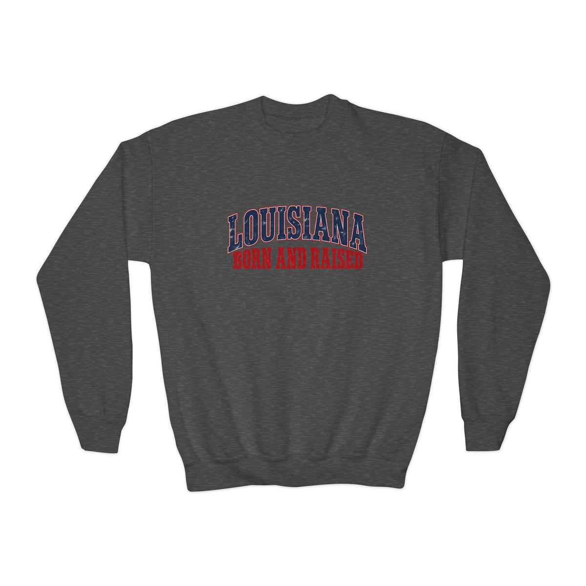 Louisiana Born and Raised Gulf South Heritage Unisex Youth Crewneck Sweatshirt Graphic