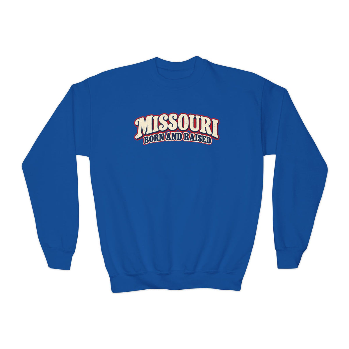 Missouri Born and Raised Retro 1970s Unisex Youth Crewneck Sweatshirt Graphic