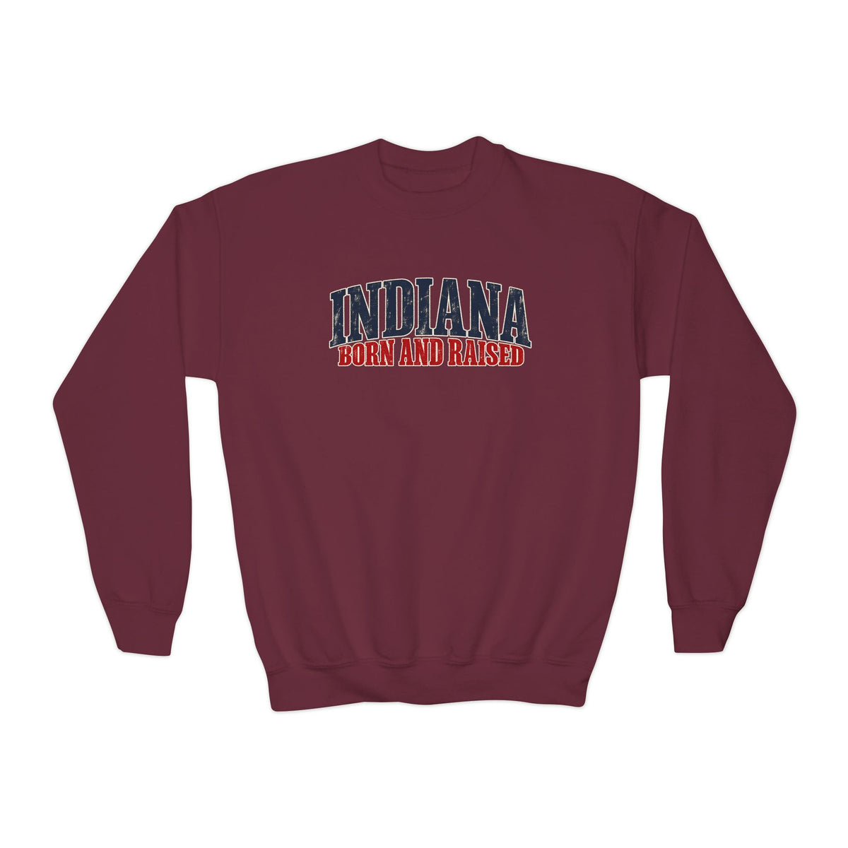 Indiana Born and Raised Midwest Americana Unisex Youth Crewneck Sweatshirt Unisex Graphic