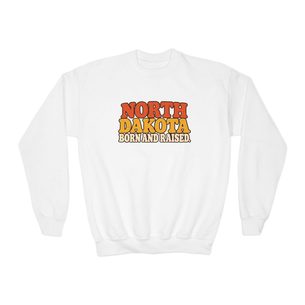 North Dakota Born and Raised 1970s Prairie Retro Unisex Youth Crewneck Sweatshirt Graphic