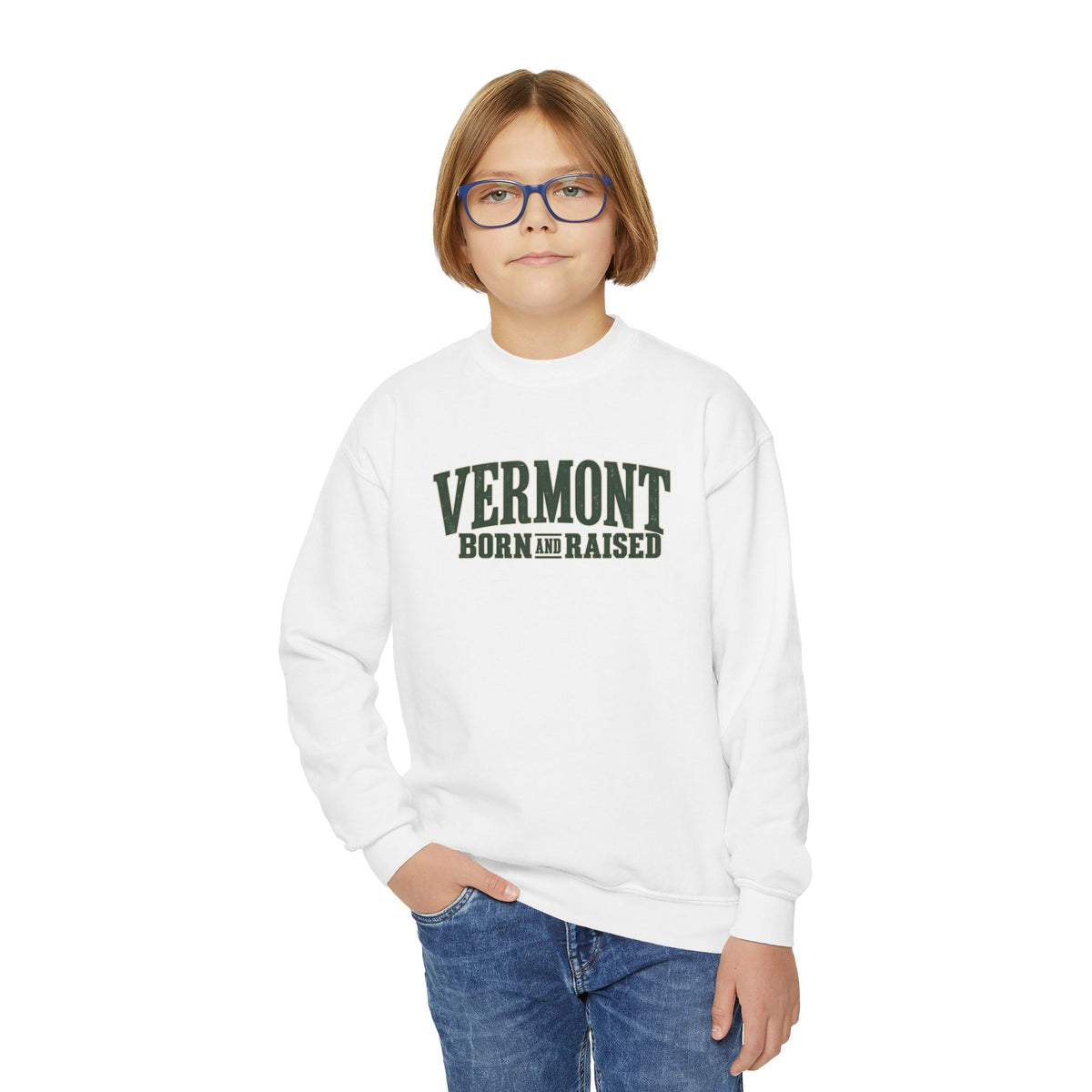 Vermont Born and Raised Premium Vermont Heritage Unisex Youth Crewneck Sweatshirt