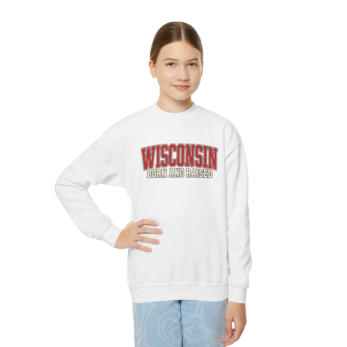 Wisconsin Born and Raised Classic Collegiate Unisex Youth Crewneck Sweatshirt Graphic
