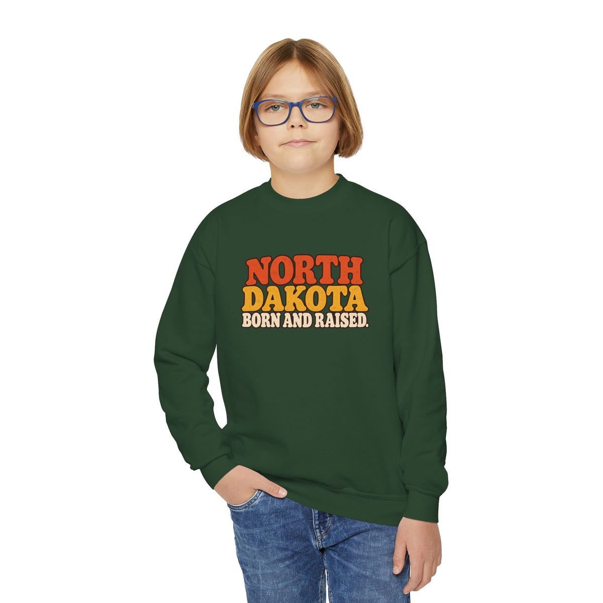 North Dakota Born and Raised 1970s Prairie Retro Unisex Youth Crewneck Sweatshirt Graphic
