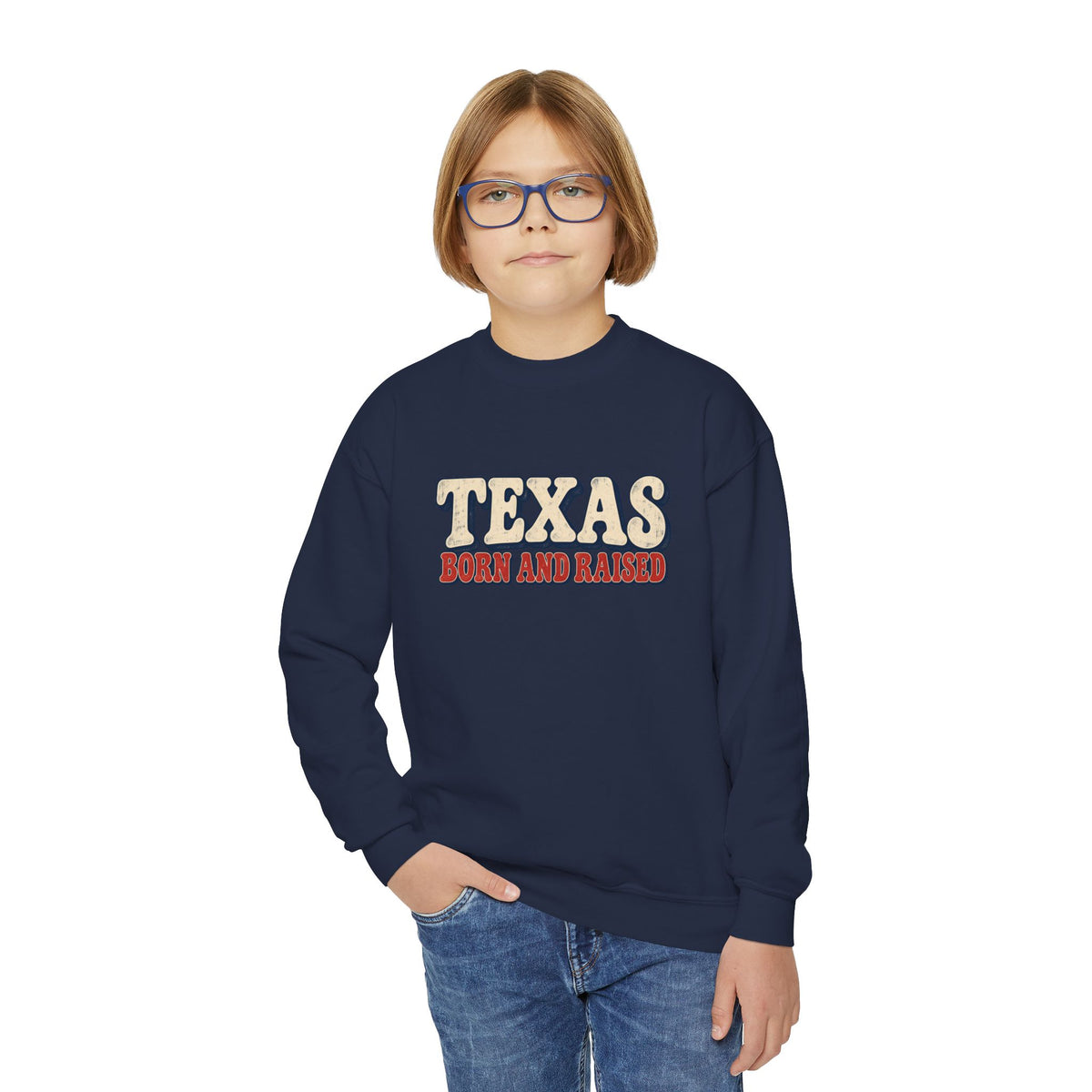 Texas Born and Raised Retro Americana Unisex Youth Crewneck Sweatshirt Graphic
