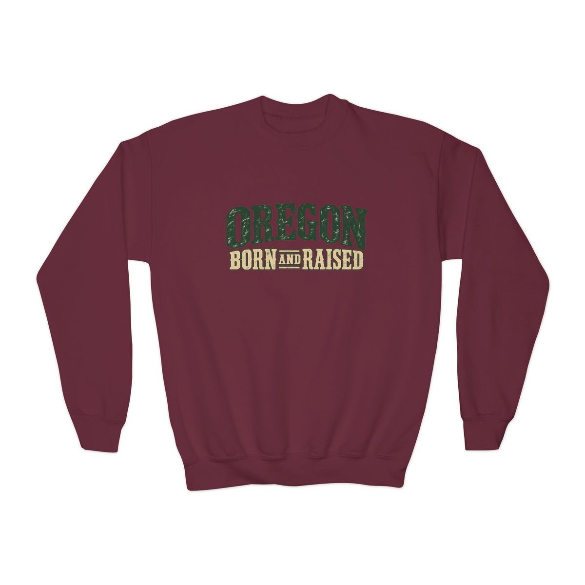 Oregon Born and Raised Rustic Pacific Northwest Unisex Youth Crewneck Sweatshirt Graphic