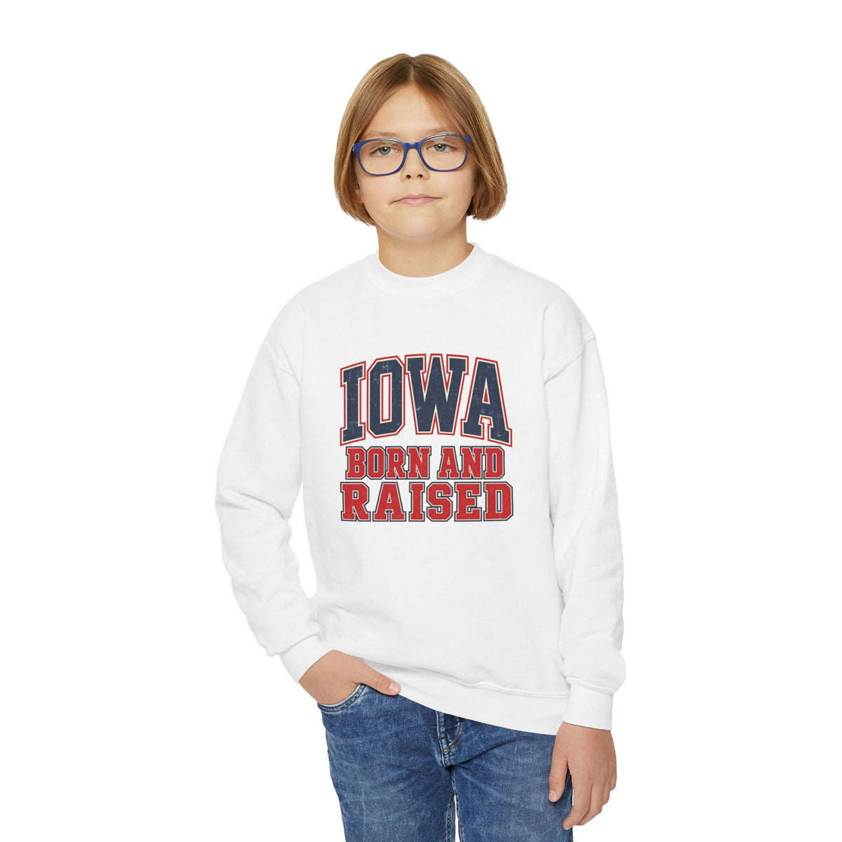 Iowa Born and Raised Vintage Collegiate Unisex Youth Crewneck Sweatshirt Graphic