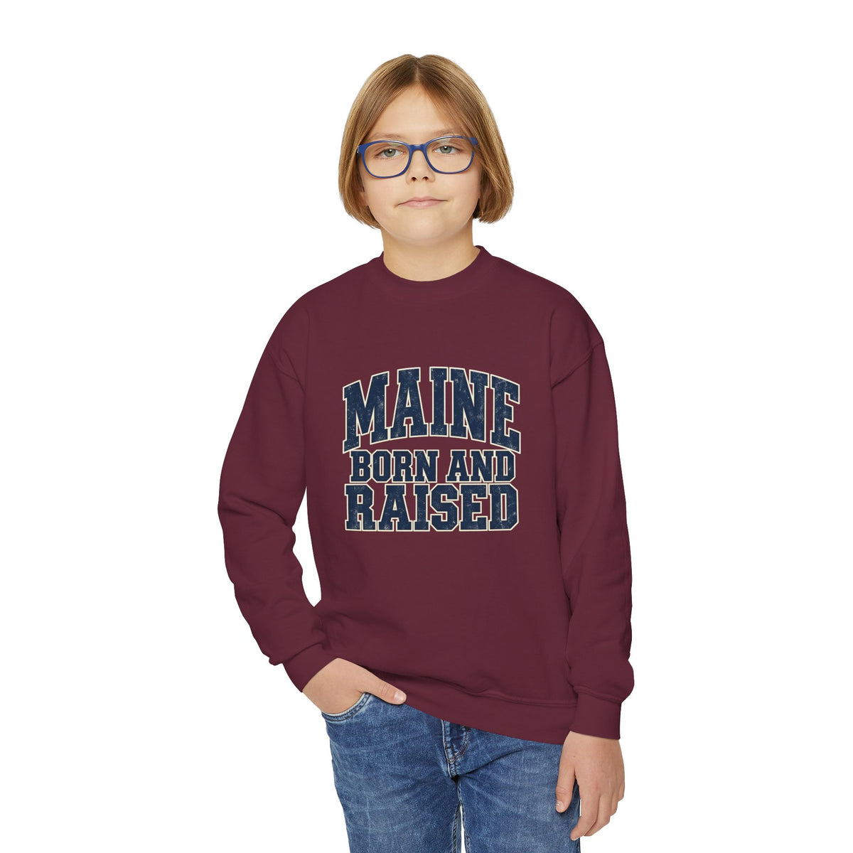 Maine Born and Raised Bold Athletic Unisex Youth Crewneck Sweatshirt Graphic