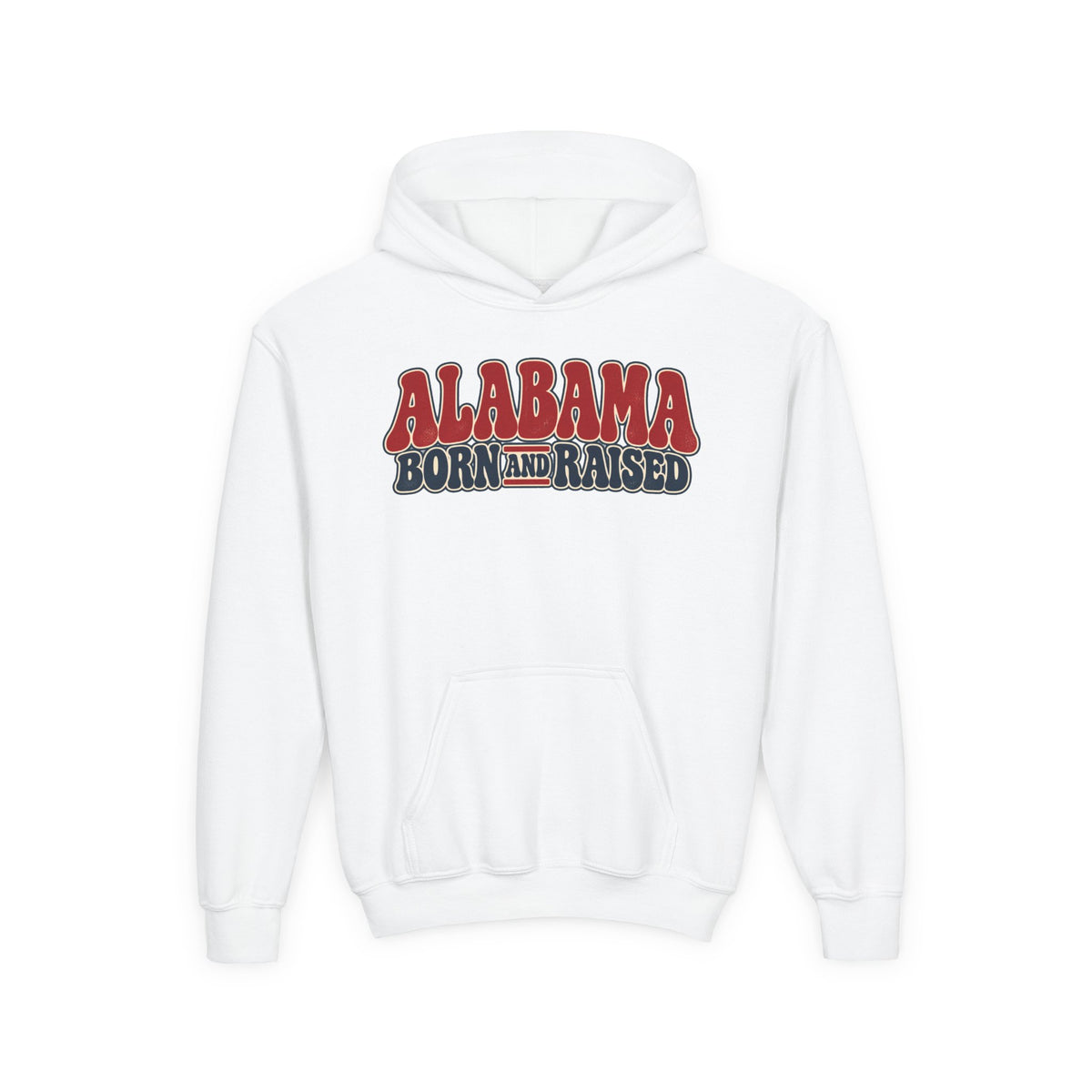 Alabama Born and Raised Retro 1970s Americana Unisex Youth Heavy Blend Hooded Sweatshirt Graphic