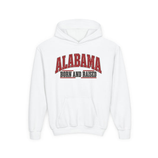 Alabama Born and Raised Bold Southern Americana Unisex Youth Heavy Blend Hooded Sweatshirt Graphic