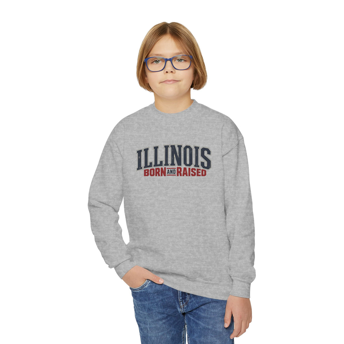 Illinois Born and Raised Premium Heritage Unisex Youth Crewneck Sweatshirt Graphic