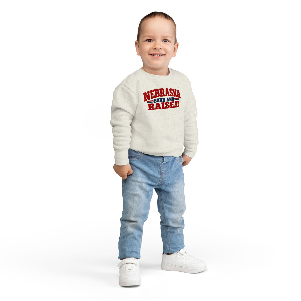 Nebraska Born and Raised Vintage Farmhouse Unisex Toddler Sweatshirt Graphic