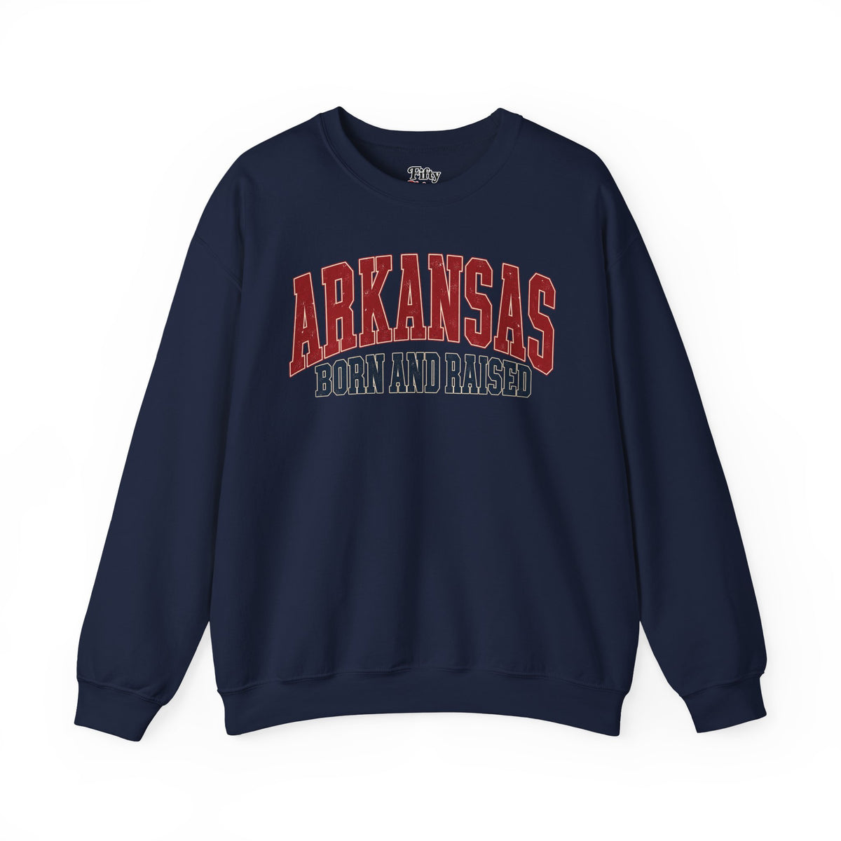 Arkansas Born and Raised Unisex Crewneck Sweatshirt State Name Graphic