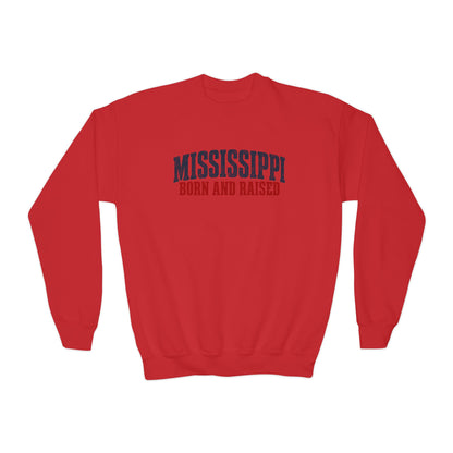 Mississippi Born and Raised Minimal Vintage Unisex Youth Crewneck Sweatshirt Graphic