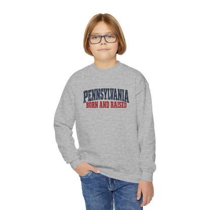 Pennsylvania Born and Raised Vintage Americana Unisex Youth Crewneck Sweatshirt Graphic