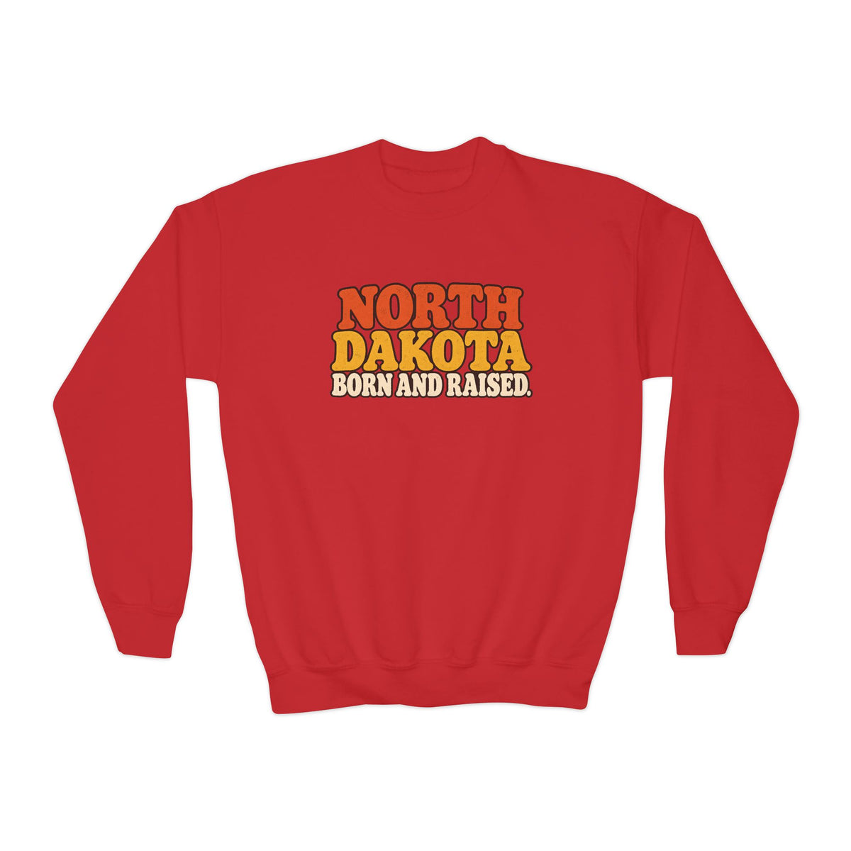 North Dakota Born and Raised 1970s Prairie Retro Unisex Youth Crewneck Sweatshirt Graphic