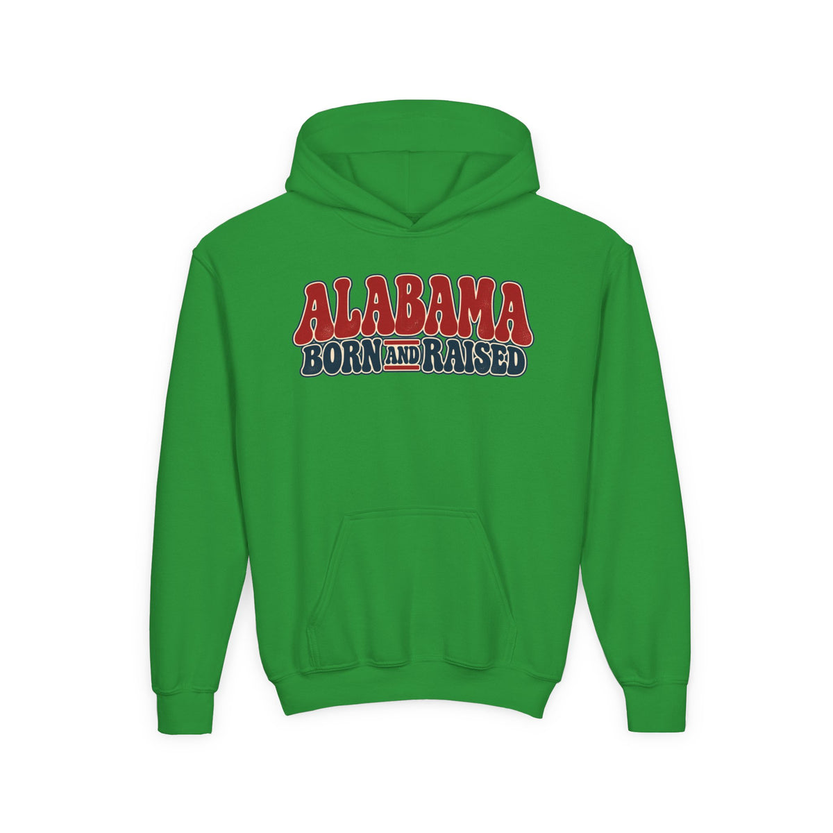 Alabama Born and Raised Retro 1970s Americana Unisex Youth Heavy Blend Hooded Sweatshirt Graphic