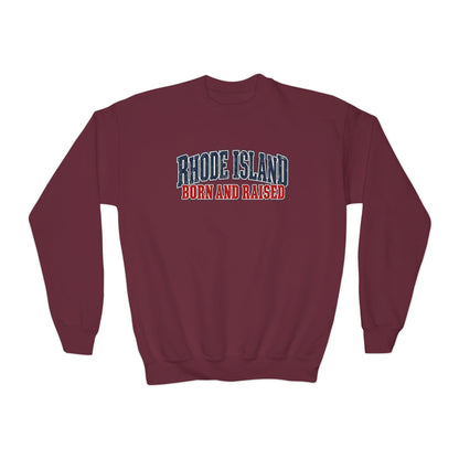 Rhode Island Born and Raised Coastal Heritage Unisex Youth Crewneck Sweatshirt Graphic