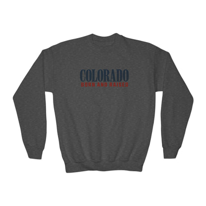Colorado Born and Raised Premium Mountain Lifestyle Unisex Youth Crewneck Sweatshirt