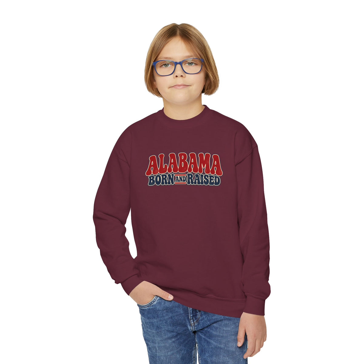 Alabama Born and Raised Retro 1970s Americana Unisex Youth Crewneck Sweatshirt Graphic