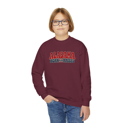Alabama Born and Raised Retro 1970s Americana Unisex Youth Crewneck Sweatshirt Graphic