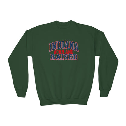 Indiana Born and Raised Bold Hometown Pride Unisex Youth Crewneck Sweatshirt Graphic