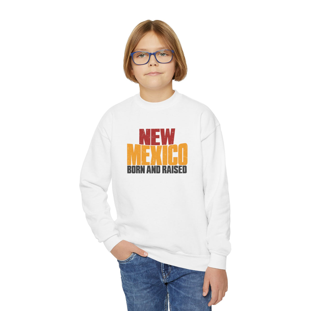 New Mexico Born and Raised Bold Streetwear Unisex Youth Crewneck Sweatshirt Graphic