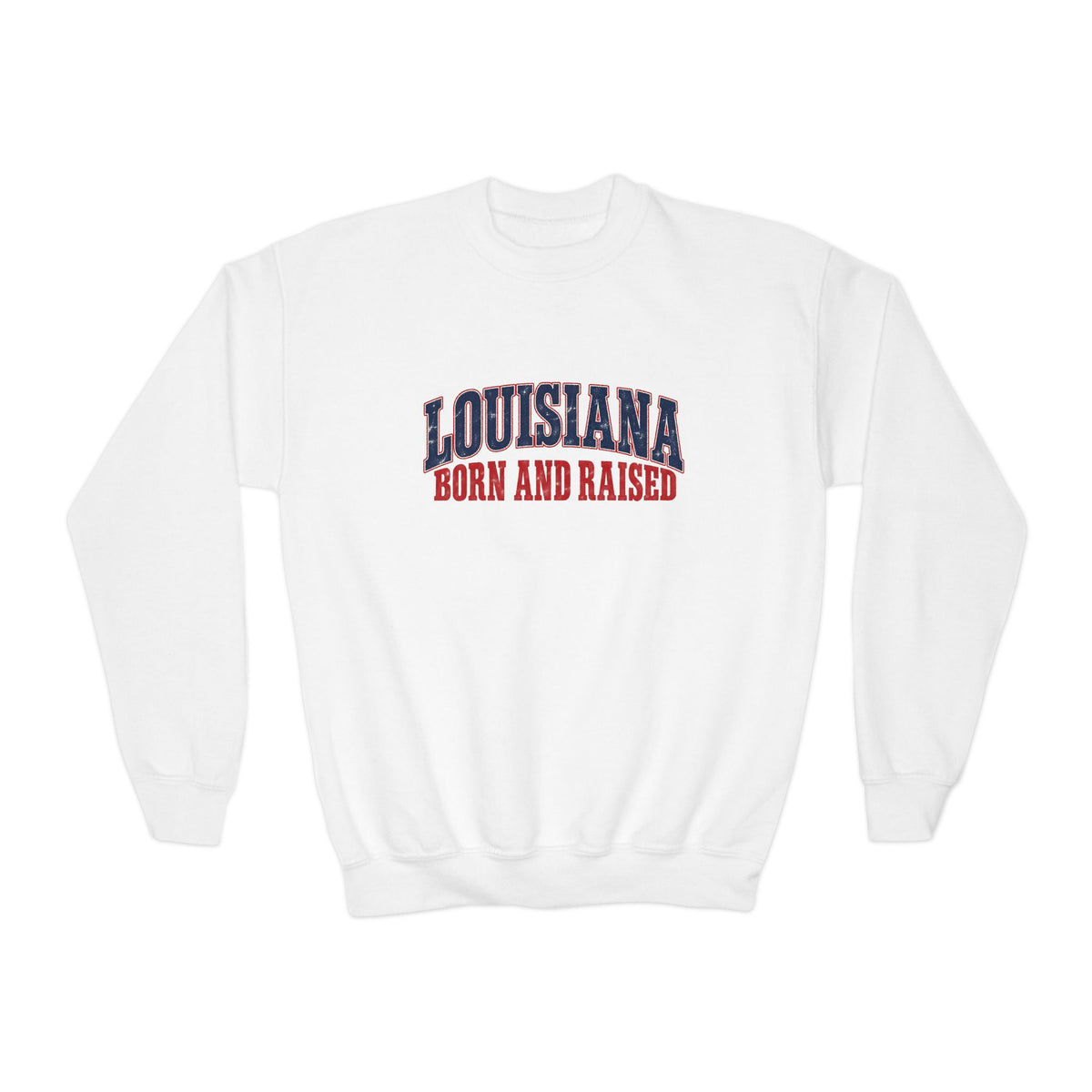 Louisiana Born and Raised Gulf South Heritage Unisex Youth Crewneck Sweatshirt Graphic