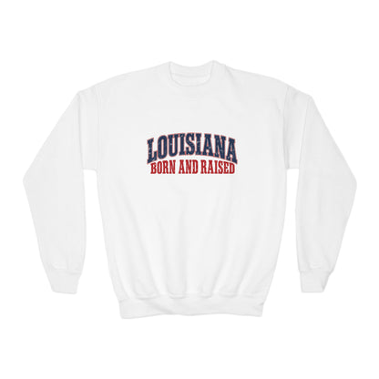 Louisiana Born and Raised Gulf South Heritage Unisex Youth Crewneck Sweatshirt Graphic
