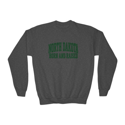 North Dakota Born and Raised Vintage Collegiate Unisex Youth Crewneck Sweatshirt Graphic