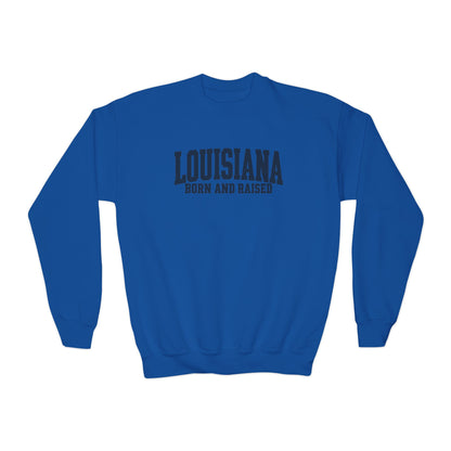 Louisiana Born and Raised Premium Streetwear Unisex Youth Crewneck Sweatshirt