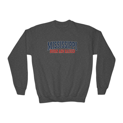 Mississippi Born and Raised Vintage Americana Unisex Youth Crewneck Sweatshirt Graphic
