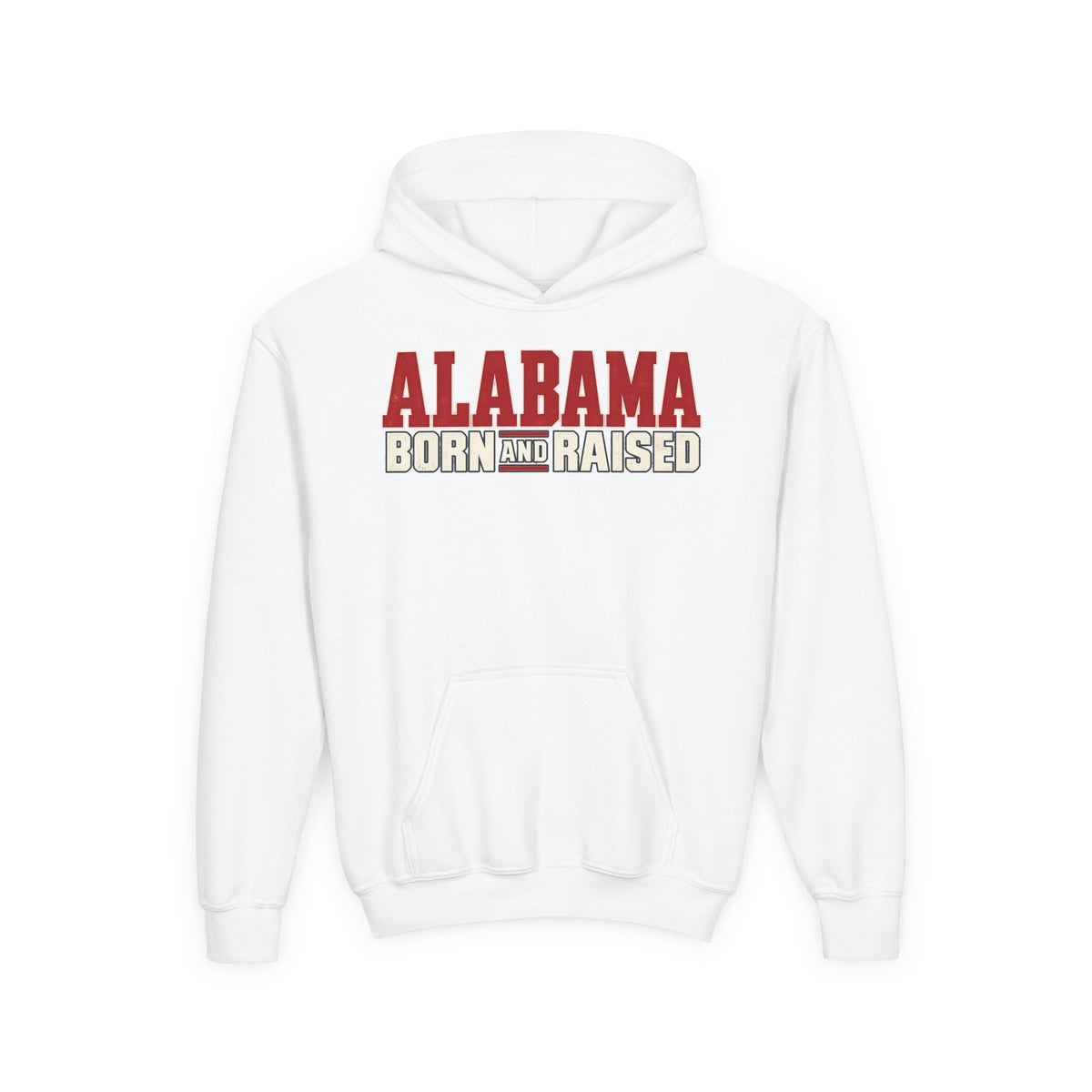 Alabama Born and Raised Premium Southern Streetwear Unisex Youth Heavy Blend Hooded Sweatshirt Graphic