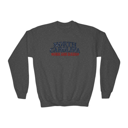 North Carolina Born and Raised Southern Heritage Unisex Youth Crewneck Sweatshirt Graphic