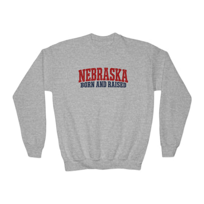 Nebraska Born and Raised Rugged Workwear Unisex Youth Crewneck Sweatshirt Graphic