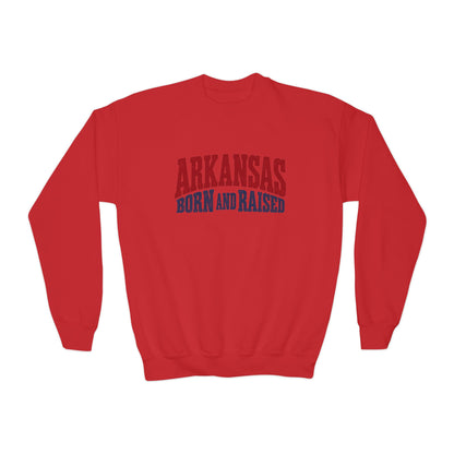 Arkansas Born and Raised Bold Vintage State Pride Unisex Youth Crewneck Sweatshirt Graphic