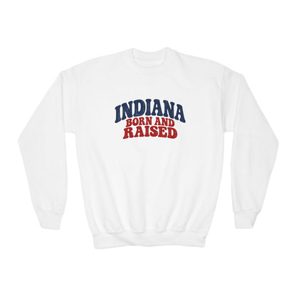 Indiana Born and Raised Retro 1970s Unisex Youth Crewneck Sweatshirt Graphic