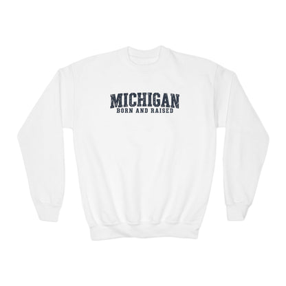 Michigan Born and Raised Rustic Midwest Unisex Youth Crewneck Sweatshirt