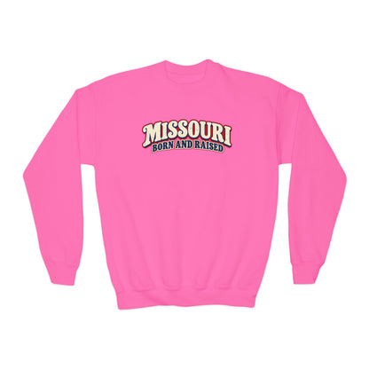 Missouri Born and Raised Retro 1970s Unisex Youth Crewneck Sweatshirt Graphic