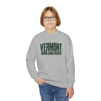 Vermont Born and Raised Modern New England Streetwear Unisex Youth Crewneck Sweatshirt