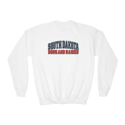 South Dakota Born and Raised Vintage Athletic Unisex Youth Crewneck Sweatshirt Graphic