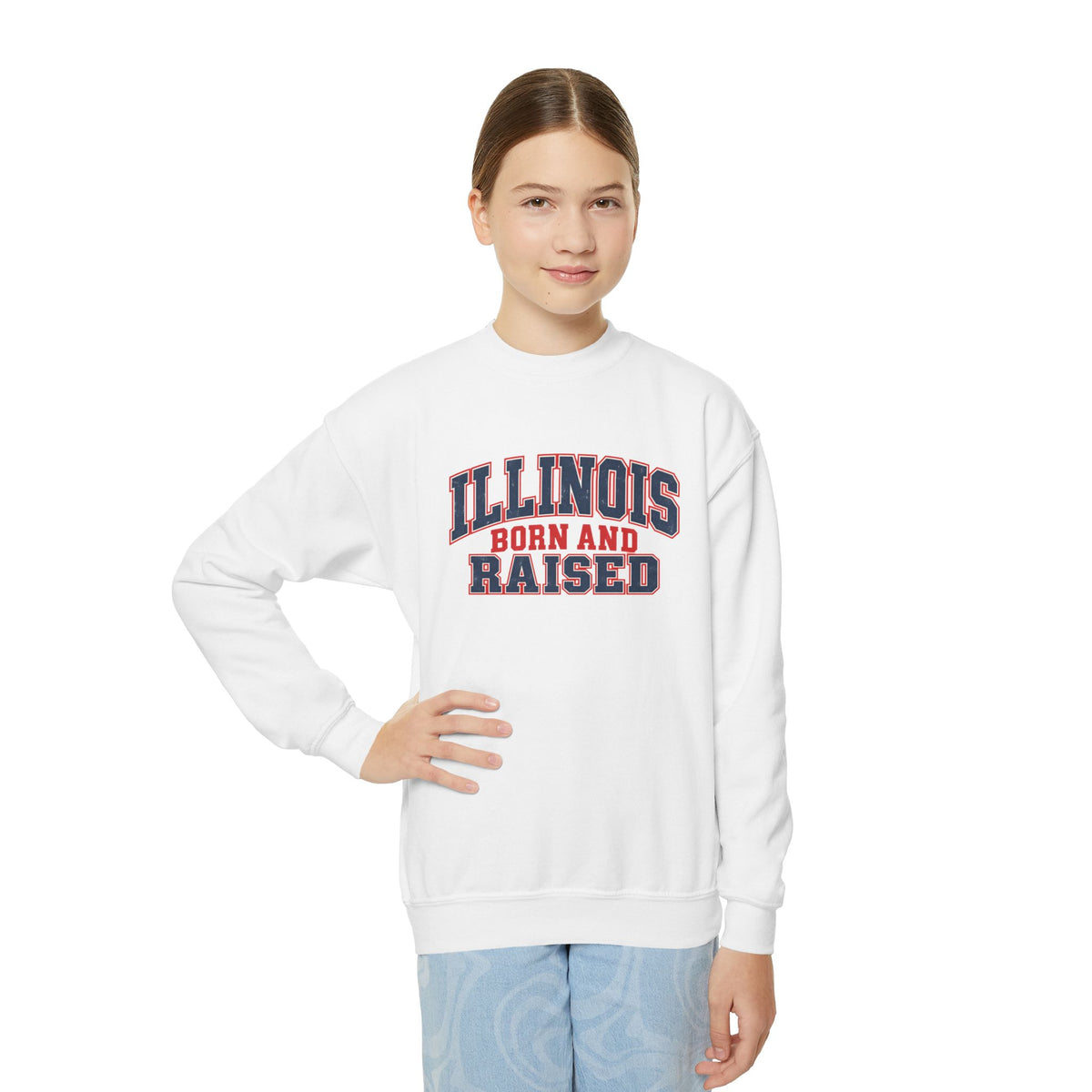 Illinois Born and Raised Vintage Collegiate Unisex Youth Crewneck Sweatshirt Graphic