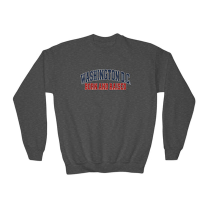 Washington DC Born and Raised Classic Collegiate Unisex Youth Crewneck Sweatshirt Graphic