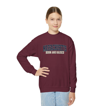Massachusetts Born and Raised Rugged Heritage Unisex Youth Crewneck Sweatshirt