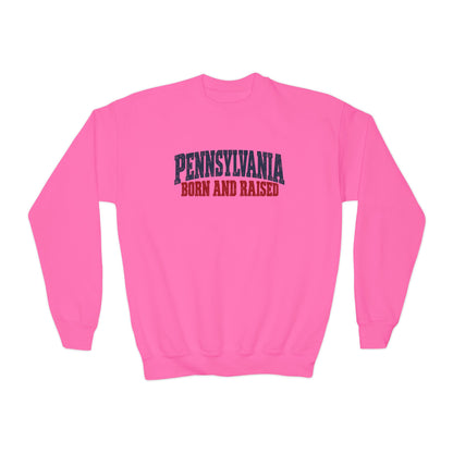 Pennsylvania Born and Raised Vintage Americana Unisex Youth Crewneck Sweatshirt Graphic