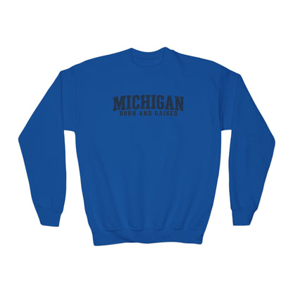 Michigan Born and Raised Rustic Midwest Unisex Youth Crewneck Sweatshirt