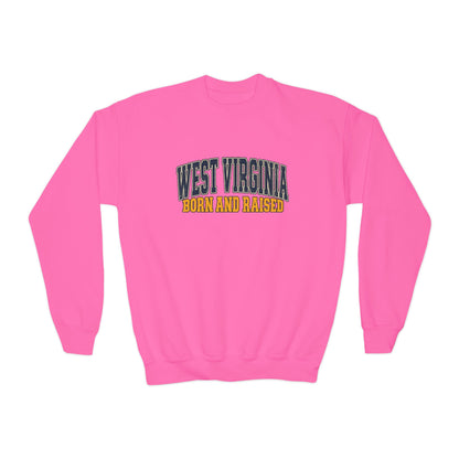 West Virginia Born and Raised Vintage Americana Unisex Youth Crewneck Sweatshirt Graphic
